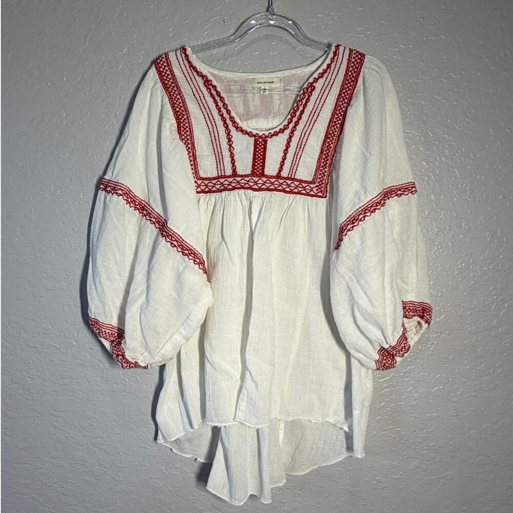 Max Studio Boho Embroidered Peasant Blouse Cotton Gauze white red  Sz L